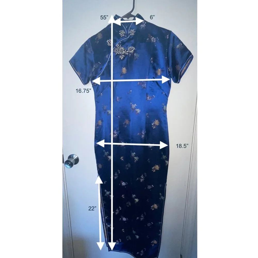 Blue traditional Chinese silk dress (qi pao) - Picture 7 of 7